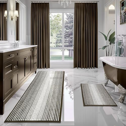 BSICPRO Bathroom Rugs Sets 2 Piece, Non Slip Striped Bath Mats, Latte