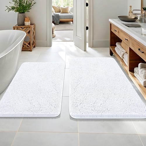 OLANLY Chenille Bathroom Rugs Mats Sets 2 Piece, 36"x24"+30"x20", White