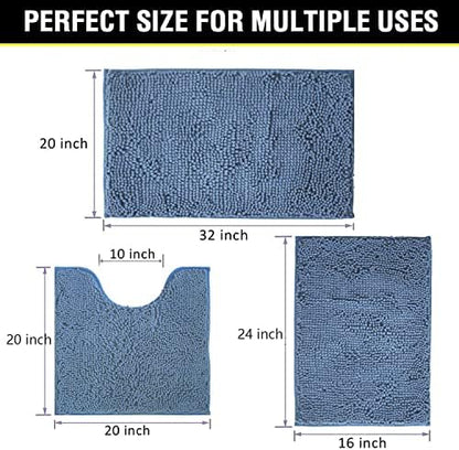 Bathroom Rugs Chenille 3-Piece Extra Soft and Absorbent Shag Bathroom Rugs, Machine Wash Mat, Strong PVC Non-Slip Underside, Plush Carpet Mats (Deep Blue)