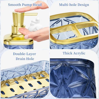 Bathroom Accessories Set, Navy Blue Bathroom Accessories, Acrylic Soap Dispenser and Toothbrush Holder Set, Qtip Holder Set, Bathroom Sink Set, Gift for Home Apartment