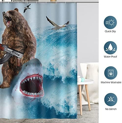 Aimego Stall Small Shower Curtain - Funny Bear Riding Shark in Ocean Wave Fun Cool Crazy Narrow Half Fabric Cloth Bath Shower Curtain Set for Adults Bathroom Decor Accessories, 36"x72", Blue Brown