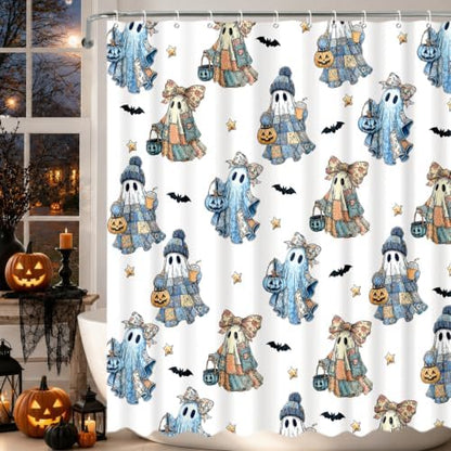 MEHOFOND Halloween Blue White Patchwork Ghost Shower Curtain Bath Curtain