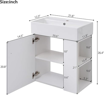 21.6 in Floating Bathroom Vanity with Sink,Soft Closing Doors,Solid Wood Frame & MDF Modern Single Small White Bathroom Vanity Cabinet with Open Shelf,Wall Mounted