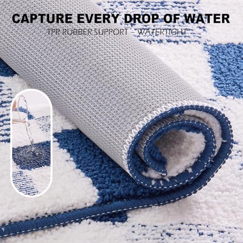CozeCube Navy Blue Checkered Bath Mat 36"x24" Non Slip Washable Rug
