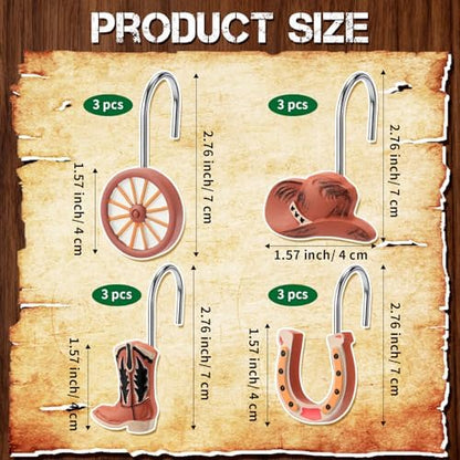 Thyle 12 Pcs Western Cowboy Shower Curtain Hooks, Rustic Farmhouse Bathroom Decor Rings with Cowboy Hat Boot Horseshoe Designs, Vintage Ranch Style Shower Curtain Rings for Country Home Holiday Decor