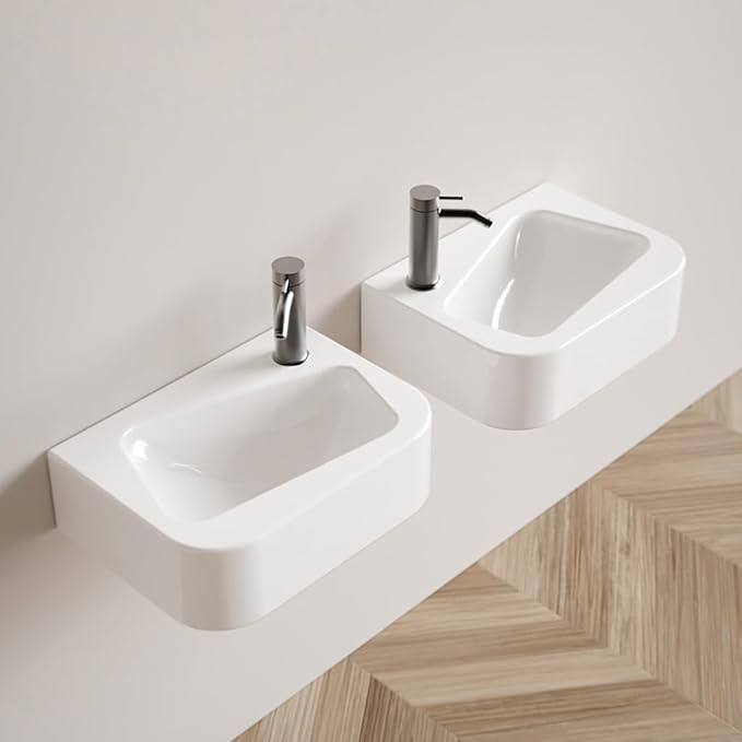14"x10" Small Bathroom Sink Wall Mount Bathroom Sink Rectangle Ceramic Wash Basin floating Mini Vessel Sink for Bathrooms, Right Hand