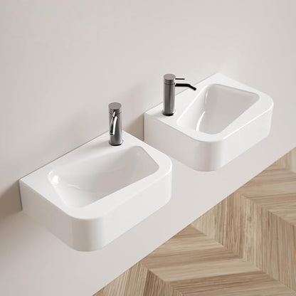 14"x10" Small Bathroom Sink Wall Mount Bathroom Sink Rectangle Ceramic Wash Basin floating Mini Vessel Sink for Bathrooms, Left Hand