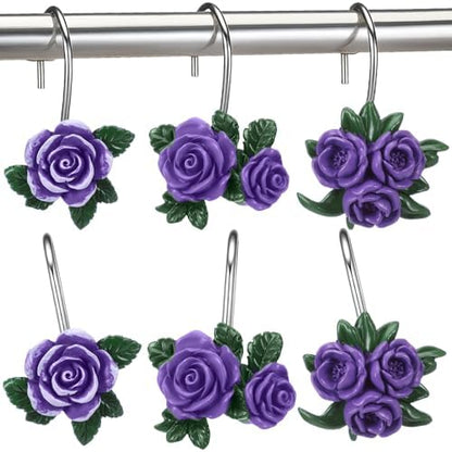Amyhill 12 Pcs Purple Rose Shower Curtain Hooks Cute Purple Rose Decorative Curtain Rings Bulk Hanger Stainless Steel Resin Spring Flowers Themed Hooks for Bathroom Bedroom Living Room Home Decor