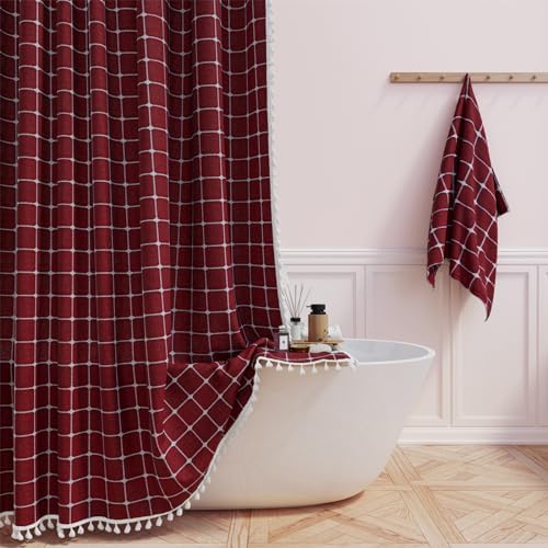 BTTN Long Boho Farmhouse Linen Heavy Duty Shower Curtain, 72x84, Burgundy
