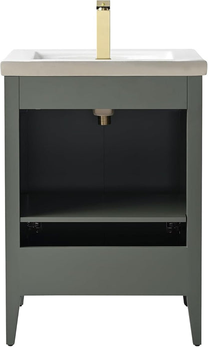 HOMEBEYOND 24" Bathroom Vanity with Ceramic Sink, Solid Wood Free-Standing Vanities Cabinet, Ceramic Top, Golden Brushed Handware & Soft Closing Door, Vintage Green