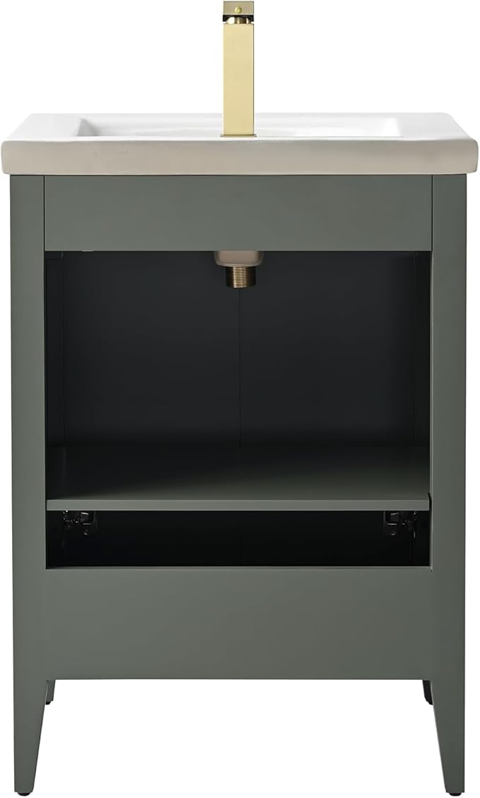 Vanity Art 24 inch Bathroom Vanity with Single Sink & Ceramic Top, Vanity Cabinet with Soft-Closing Door, Solid Wood Frame, Linear Pattern, Vintage Green, Golden Brushed Handware VA9124-VG-GB