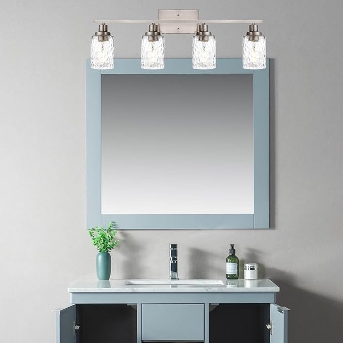 MELUCEE Brushed Nickel Bathroom Vanity Light with Clear Hammered Glass | 4-Light Wall Light Fixtures Modern Wall Lamp for Powder Room Bedroom Porch (Patent No.: US D963914 S)