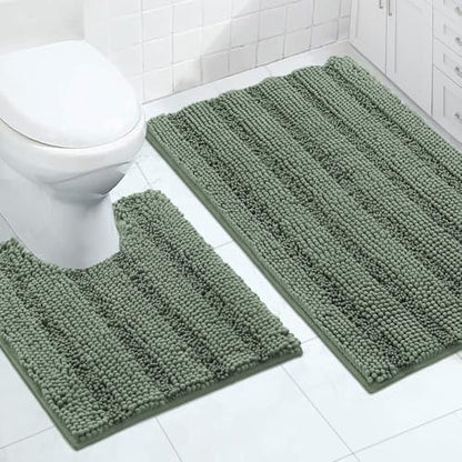 2-Piece Bathroom Rug Set with U-Shaped Mat, Absorbent Chenille, Green Bay