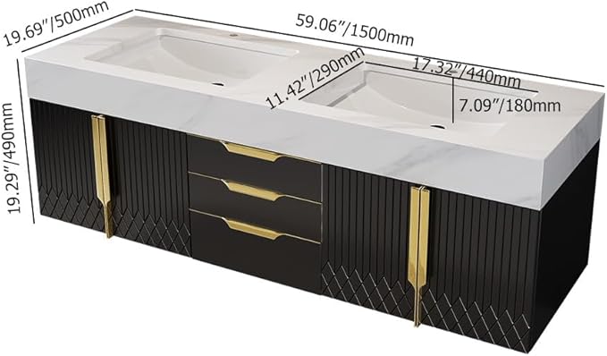 KunMai 59" Black Floating Bathroom Vanity with Faux Marble Top, Double Ceramic Vessel Sinks, Wall-Mounted Design, 3 Drawers for Storage, Modern Bathroom Cabinet with Gold Hardware Finish