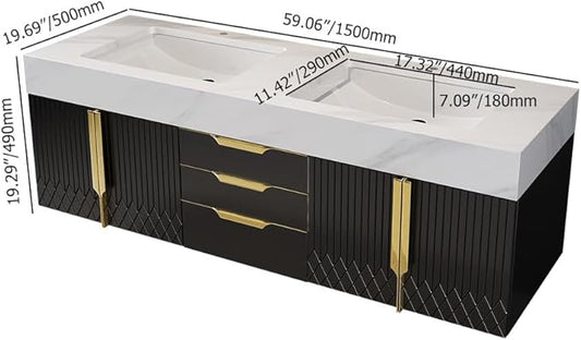 KunMai 59" Black Floating Bathroom Vanity with Faux Marble Top, Double Ceramic Vessel Sinks, Wall-Mounted Design, 3 Drawers for Storage, Modern Bathroom Cabinet with Gold Hardware Finish