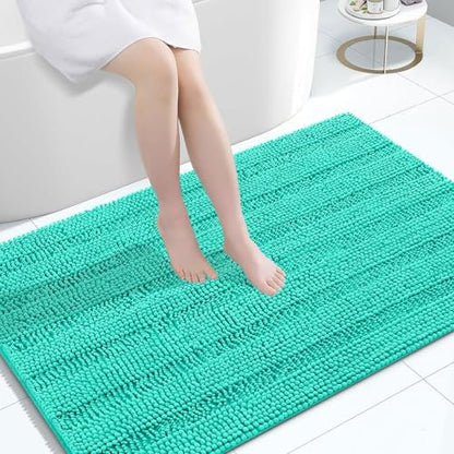Grandaily Chenille Striped Bathroom Rugs 47x32, Extra Thick and Absorbent Bath Mats, Non-Slip Soft Plush Shaggy Shower Carpet, Machine Wash Dry, Bath Rug for Bathroom, Teal