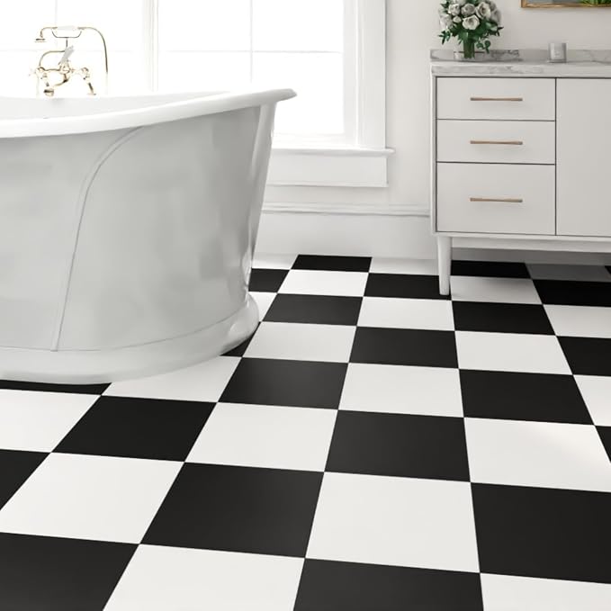 30-Pack 30 Sq.Ft Peel and Stick Floor Tiles Vinyl Matte Pattern Flooring, 12” x 12” Self Adhesive Vinyl Flooring DIY for Kitchen, Bathroom, Laundry, Pure Black&Pure White