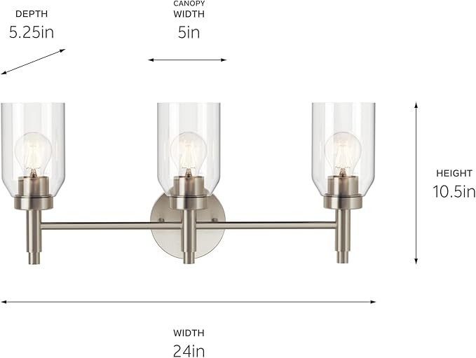 Kichler Madden 3-Light Vanity with Clear Glass in Brushed Nickel, Sloped Ceiling Compatible, for Single Vanity in Bathroom (10.5" x 24"), 55185NI