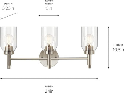 Kichler Madden 3-Light Vanity with Clear Glass in Brushed Nickel, Sloped Ceiling Compatible, for Single Vanity in Bathroom (10.5" x 24"), 55185NI