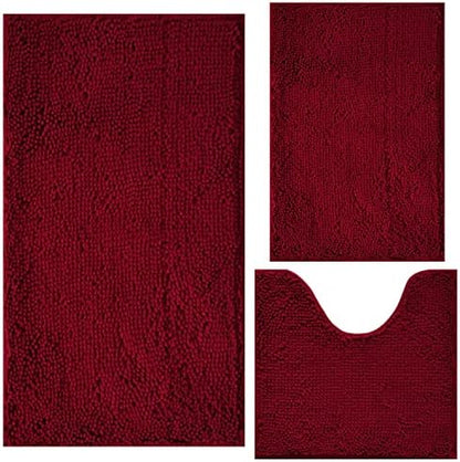 Bathroom Rugs Chenille 3-Piece Extra Soft and Absorbent Shag Bathroom Rugs, Machine Wash Mat, Strong PVC Non-Slip Underside, Plush Carpet Mats (Burgundy)