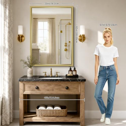 Bathroom Mirror, 30 x 42 inch Natural Wood Grain Colored Aluminum Metal Frame Bathroom Vanity Mirror, Rectangle Wall Mirror for Bedroom Living Room, Tempered Glass, Horizontal or Vertical
