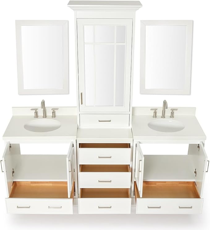 ARIEL Stafford 84-inch Bathroom Vanity with Sink,Solid Wood, 1.5-inch Pure White Quartz Countertop & Backsplash, Double Oval Porcelain Sink, 5 Soft Closing Doors, 6 Dovetail Drawers, White