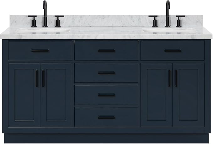 ARIEL Hepburn 66-inch Bathroom Vanity with Sink,Solid Wood, 1.5-inch Italian Carrara Marble Countertop, Double Rectangular Porcelain Sink, 4 Soft Closing Doors, 6 Dovetail Drawers, Midnight Blue
