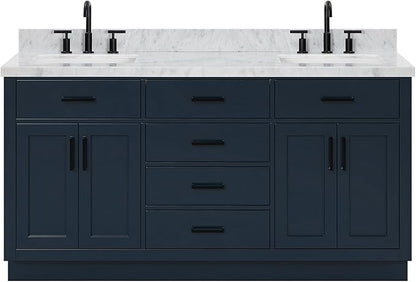 ARIEL Hepburn 66-inch Bathroom Vanity with Sink,Solid Wood, 1.5-inch Italian Carrara Marble Countertop, Double Rectangular Porcelain Sink, 4 Soft Closing Doors, 6 Dovetail Drawers, Midnight Blue