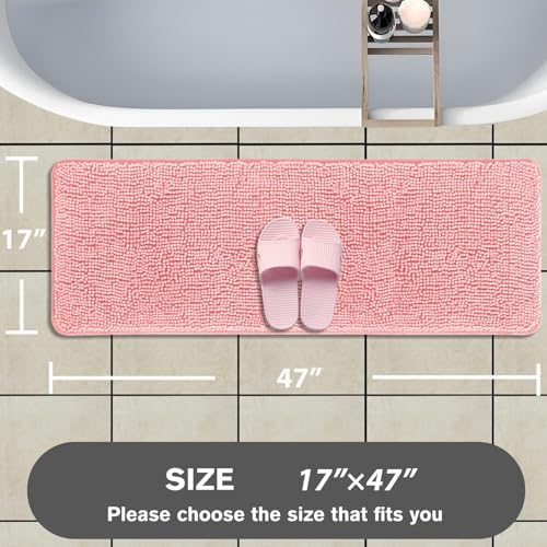 Bathroom Runner Rug 47 x 17 Inch – Long Bath Mat | Absorbent and Washable Thick Chenille Bath Rug Non-Slip Runner Rug for Bathroom, Shower, Sink(Pink)