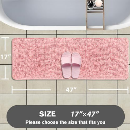 Bathroom Runner Rug 47 x 17 Inch – Long Bath Mat | Absorbent and Washable Thick Chenille Bath Rug Non-Slip Runner Rug for Bathroom, Shower, Sink(Pink)