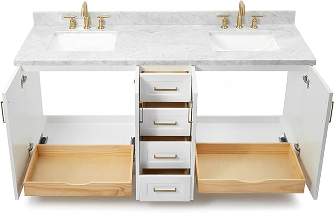 DKB Emilia 72 Inch Bathroom Vanity Double Sink — White Bathroom Vanity with Sink, 1.5" Edge Italian Carrara Marble Countertop & Backsplash, 4 Soft-Close Doors, and 6 Dovetail Drawers
