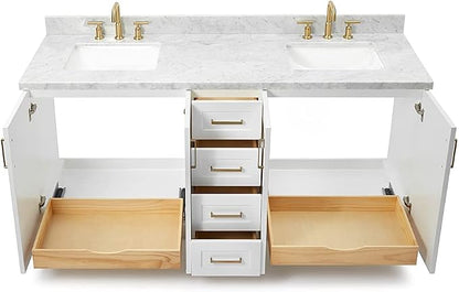 ARIEL 73" White Double Vanity, 1.5" Edge Italian Carrara Marble Countertop & Splash, Rectangular Sink, 4 Soft Closing Doors, 6 Full Extension Dovetail Drawers, Toe Kick, Satin Brass