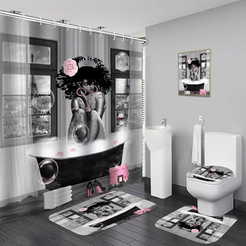 5Pcs Black Girl Shower Curtain Set with Decorative Painting, African American Wall Painting Bathroom Sets with Shower Curtain and Rugs, Trendy Women’s Bathroom Pictures for Wall Art Decor