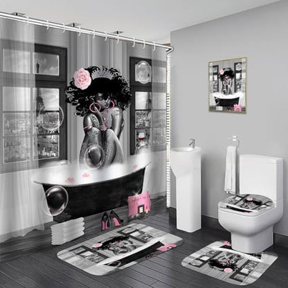 5Pcs Black Girl Shower Curtain Set with Decorative Painting, African American Wall Painting Bathroom Sets with Shower Curtain and Rugs, Trendy Women’s Bathroom Pictures for Wall Art Decor