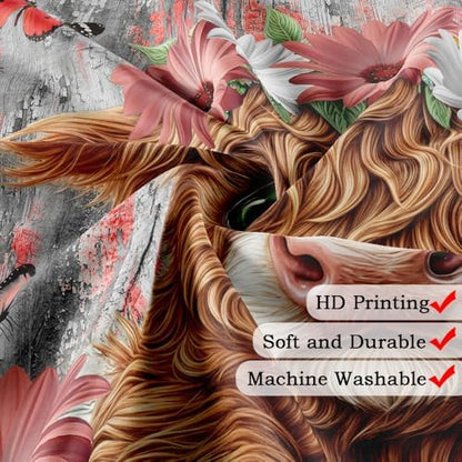 Funny Highland Cow Shower Curtain for Bathroom, Western Rustic Wood Farmhouse Bull Pink Floral Butterfly Country Flower Plant Art Printed Fabric Polyester Waterproof 12 Pack Plastic Hooks 54X72in