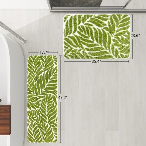 Grass Green Leaf Bathroom Rugs - Cute Bath Mat, Large Bath Mats Non Slip Machine Washable Funny Bathroom Decor Water Absorbing Bath Rugs Green Bath Mat Leaves 24" x 36"