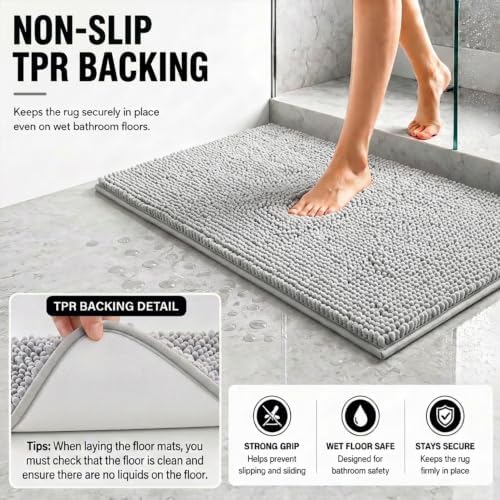 Bathroom Rugs Sets 2 Piece,Super Absorbent Soft,Thick,Machine Washable Chenille Bath Mat,Non Slip Toilet Floor Rug,Bath Mats for Bathroom,20x32 Plus 20x20 U Shape,Light Grey