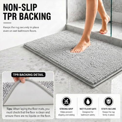 Bathroom Rugs Sets 2 Piece,Super Absorbent Soft,Thick,Machine Washable Chenille Bath Mat,Non Slip Toilet Floor Rug,Bath Mats for Bathroom,20x32 Plus 20x20 U Shape,Light Grey
