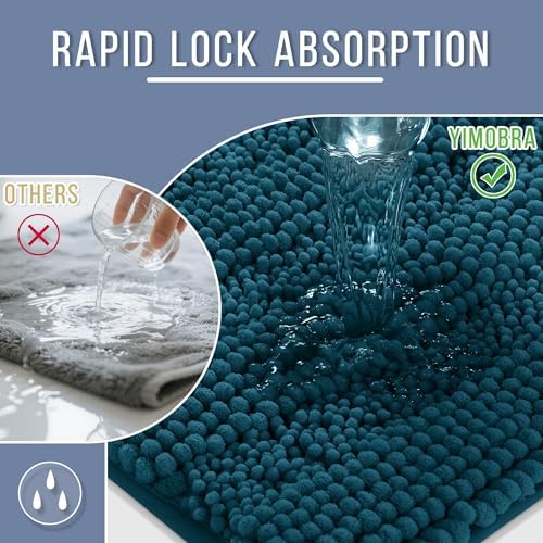 Yimobra Bathroom Rug Mat, Non Slip and Super Absorbent Bath Mat, Machine Washable Quick Dry, Ultra Plush Chenille Shower Rugs for Bathroom Floor Sink Tub and Shower Outside, Peacock Blue, 24 x 17