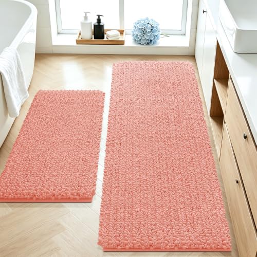 ACCUMTEK Upgrade Luxury 2 Piece Coral Toilet Bathroom Rug Mat 48"x20"+24"x17", Ultra Soft Thick Absorbent Bath Mats, Non Slip Chenille Toilet Mat for Bathroom, Bedroom, Kitchen, Shower, Tub