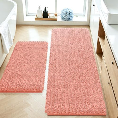 ACCUMTEK Upgrade Luxury 2 Piece Coral Toilet Bathroom Rug Mat 48"x20"+24"x17", Ultra Soft Thick Absorbent Bath Mats, Non Slip Chenille Toilet Mat for Bathroom, Bedroom, Kitchen, Shower, Tub