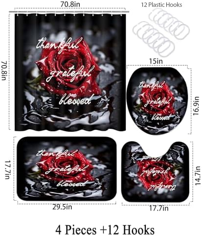 4Pcs Romantic Red Rose Bathroom Shower Curtain Sets, Waterproof Fabric Floral Bathroom Sets with Shower Curtain and Rugs Toilet Lid Cover Bath Mat, Retro Flower Home Decor Sets