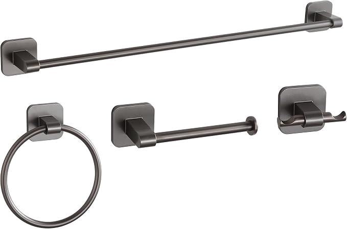 4 Pieces Bathroom Hardware Set, 24 inch Towel Bar, Towel Racks, Robe Towel Hooks, Toilet Paper Holder Wall Mounted Or Self-Adhesive,Stainless Steel and Plastic Bathroom Accessories Kit(Gray)