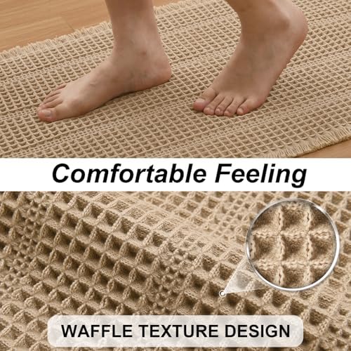 JIUZHEN Waffle Bath Mat Rug Super Absorbent Bath Mats for Bathroom Mat Non Slip Bathmat Machine Washable Soft Bathroom Rugs with Tassels Dry Fast Bath Rugs for Floor, 20" x 32", Strip-Brown