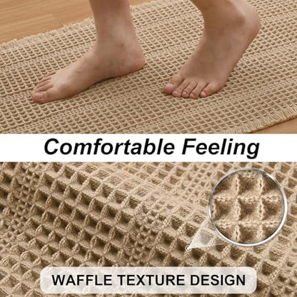 JIUZHEN Set of 2 Waffle Bath Mats Boho Bath Rugs 16x24&20x32, Strip-Brown
