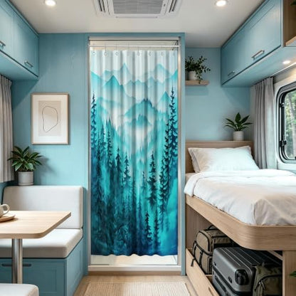 Dark Teal Forest Stall Shower Curtain, 47X64 in Narrow Small, Mountain
