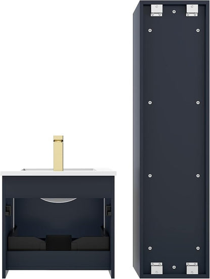 Blossom 20 Inch Bathroom Vanity with Sink and Side Cabinet, All Wood Floating Bathroom Vanity with Acrylic Sink, Bathroom Sink Cabinet with Soft-Close Drawer, Modern Style Vanities, Night Blue