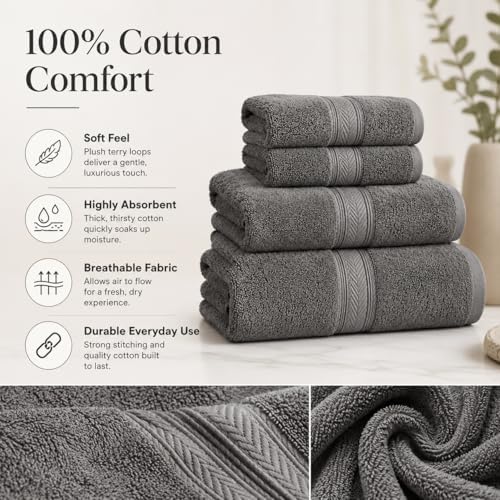 BIOLINEN Grey Towel Set 8 Piece Bathroom Set, 2 Bath Towels 2 Hand Towels 4 Washcloths, 100% Cotton Soft Absorbent Towel Sets for Bathroom, Gym, Spa