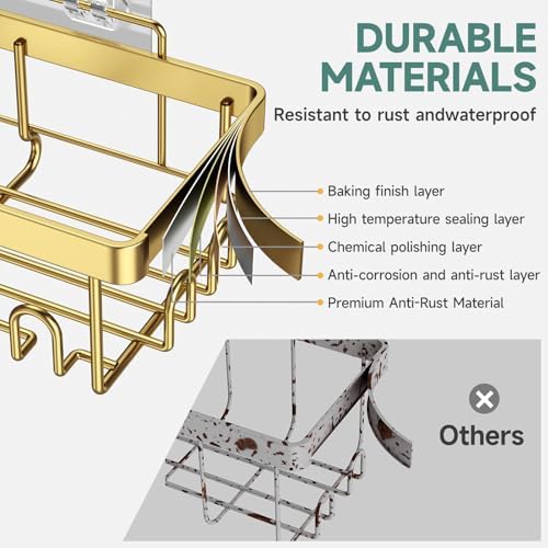 Veken Adhesive Shower Caddy 6-Pack,Gifts for Women Mom,Heavy Weight Bearing,Large Wall Mounted Bathroom Shelves Rack,Organizer Storage Accessories with Soap Dish&Toothbrush Holder,Bright Gold