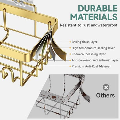 Veken Adhesive Shower Caddy 6-Pack,Gifts for Women Mom,Heavy Weight Bearing,Large Wall Mounted Bathroom Shelves Rack,Organizer Storage Accessories with Soap Dish&Toothbrush Holder,Bright Gold